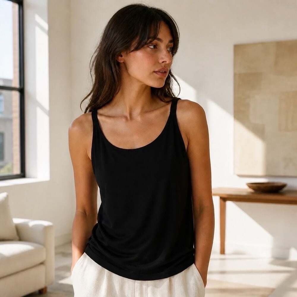 Eileen Fisher 100% Silk Black Sleeveless Scoop Neck Tank Top